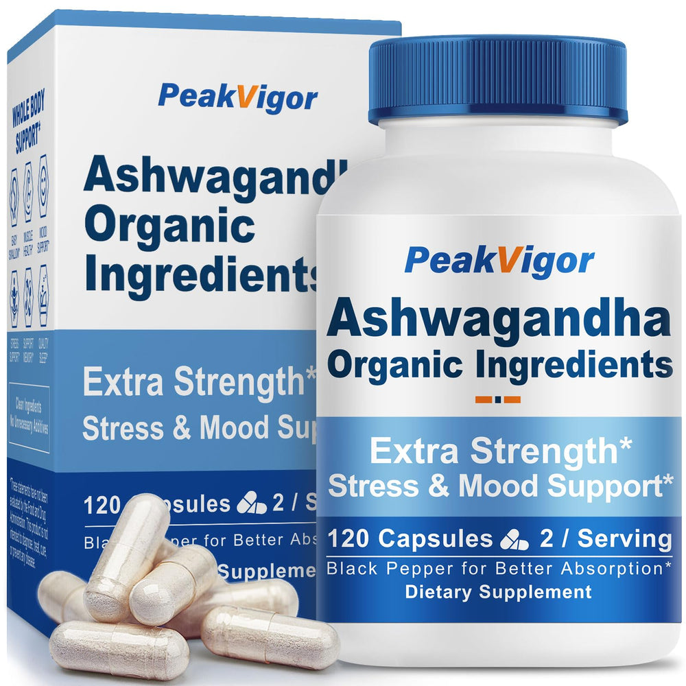 PeakVigor Ashwagandha, frasco de cápsulas para apoyo diario y bienestar