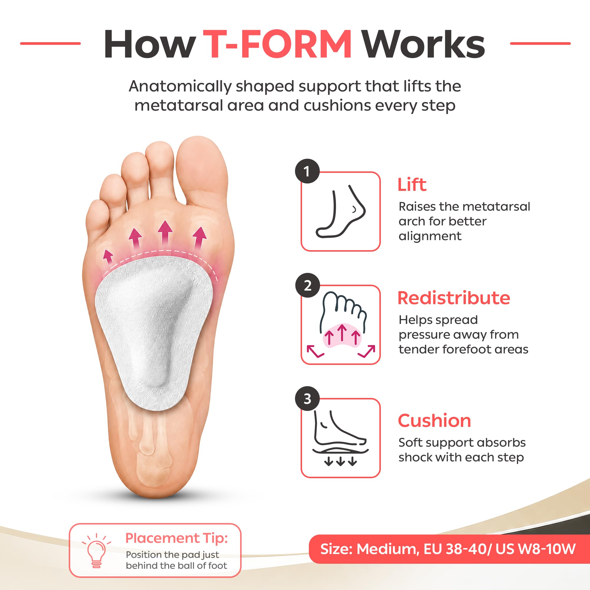 pedag T-Form dentro de zapato deportivo demostrando elevación y alivio en antepié