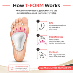 pedag T-Form dentro de zapato deportivo demostrando elevación y alivio en antepié