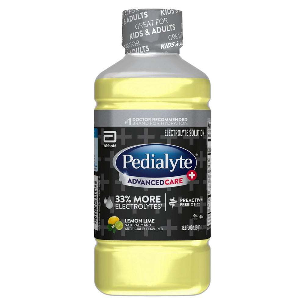 Pedialyte AdvancedCare Plus frontal del envase mostrando tamaño y sabor limón lima, hidratación rápida