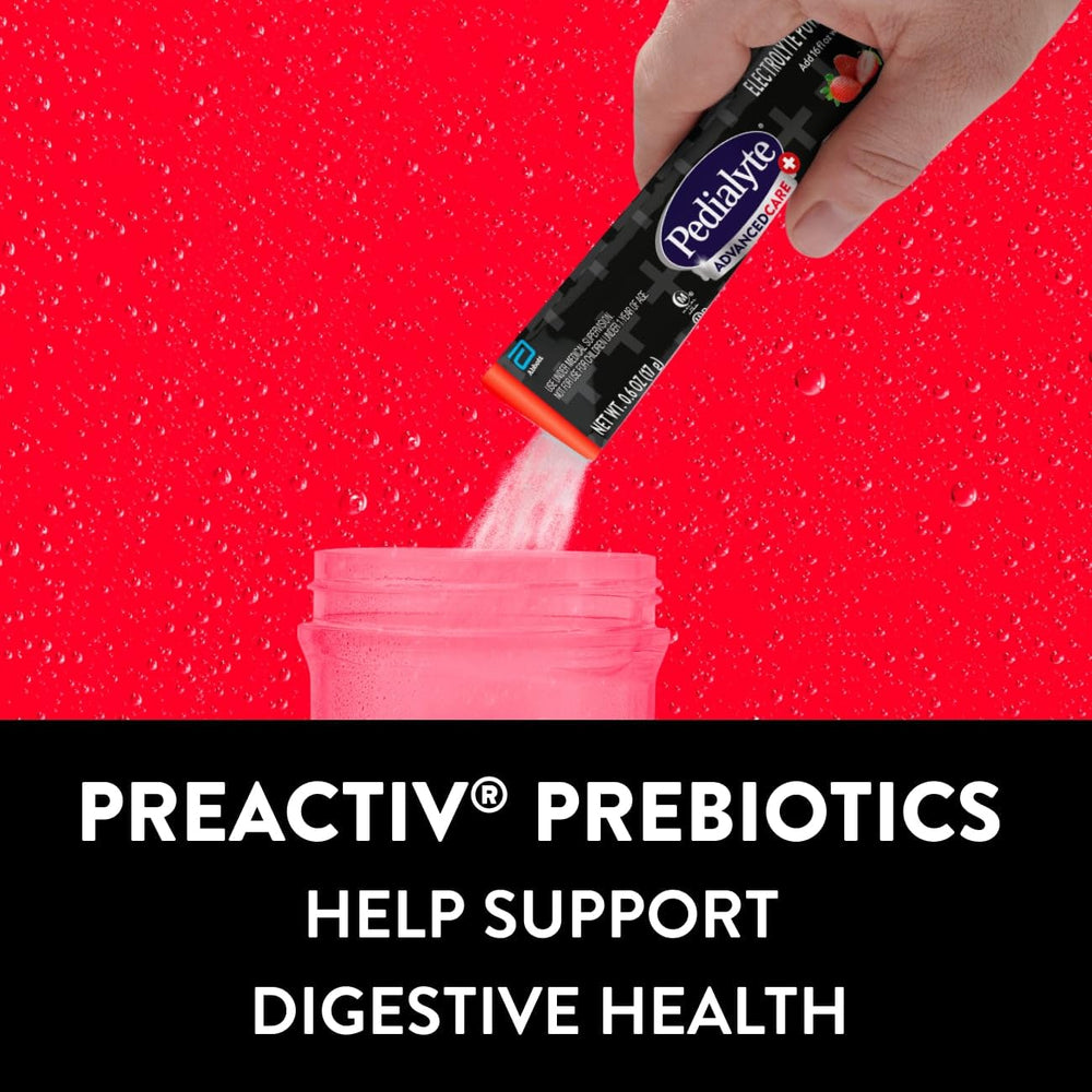 Comparación de tamaño del sobre Pedialyte junto a una botella para referencia