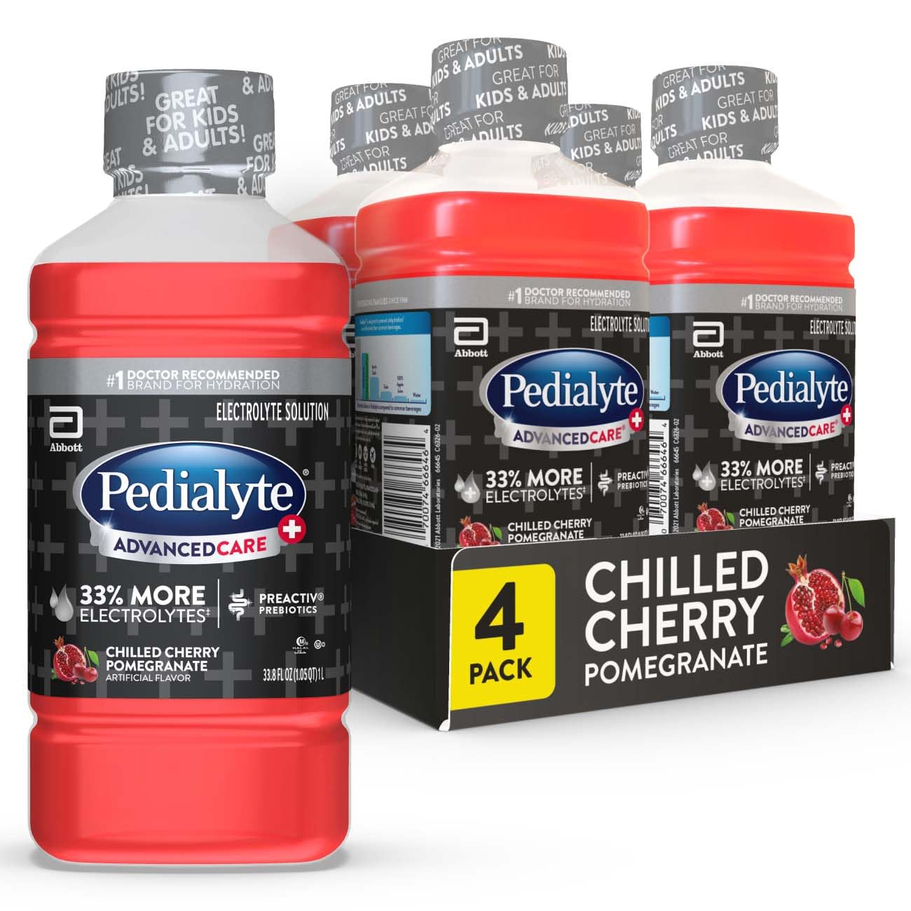 Pedialyte envase frontal Chilled Cherry Pomegranate mostrando marca y beneficio rehidratante