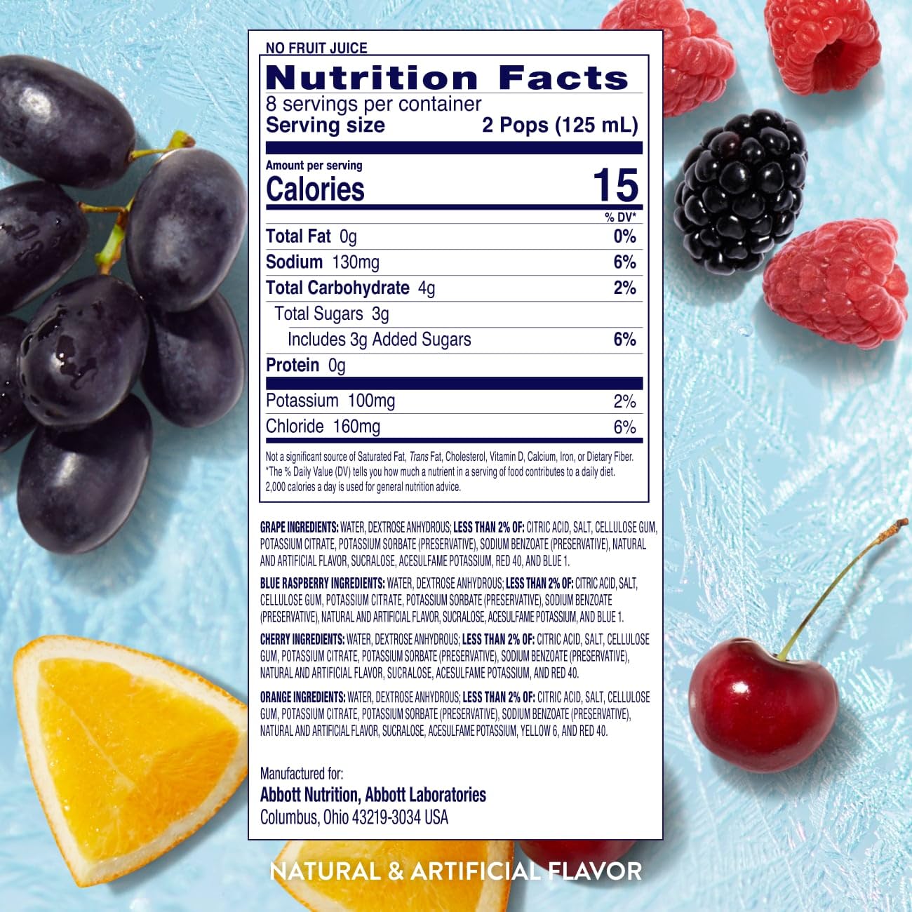 Pedialyte etiqueta y información nutricional visible para decisiones informadas
