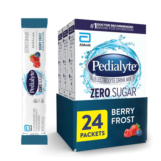 Pedialyte empaque frontal Berry Frost mostrando conveniencia y sabor