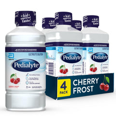 Pedialyte Cherry Frost frente del empaque mostrando marca y sabor, práctico para emergencia
