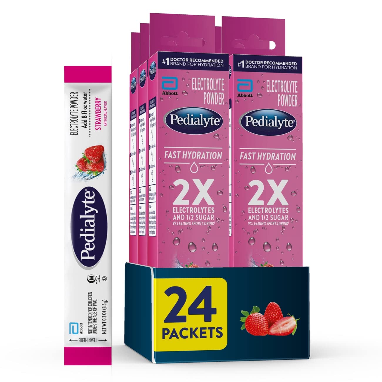 Pedialyte frente del empaque fresa mostrando sobres y beneficio de rehidratación rápida