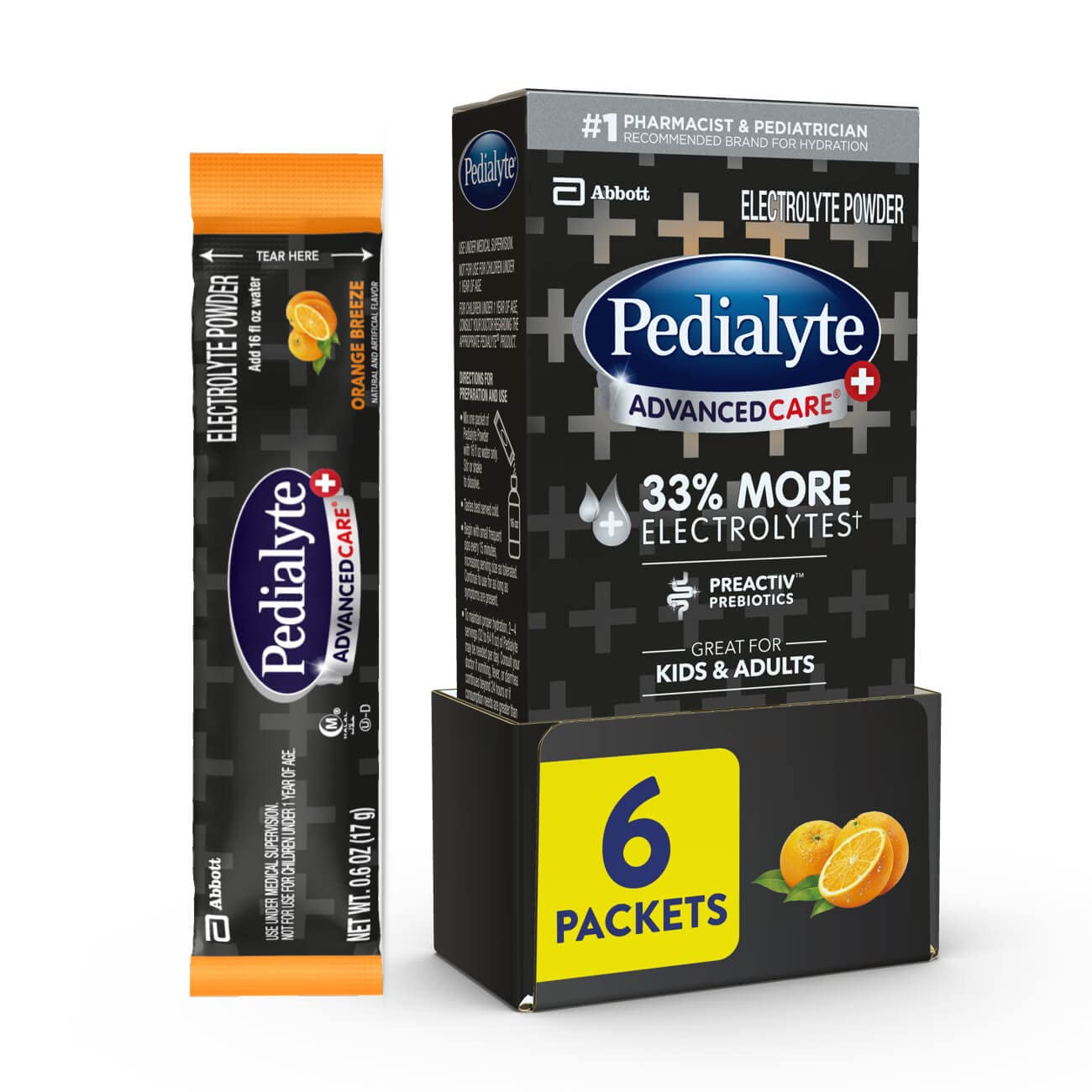 Pedialyte empaque frontal Orange Breeze mostrando información clave y beneficio rehidratación