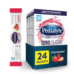 Pedialyte imagen del frente del paquete sabor Strawberry mostrando información y conveniencia