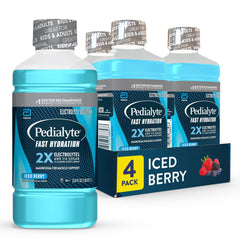 Pedialyte botella Iced Berry frente y pack de 4 mostrando diseño y practicidad Pedialyte