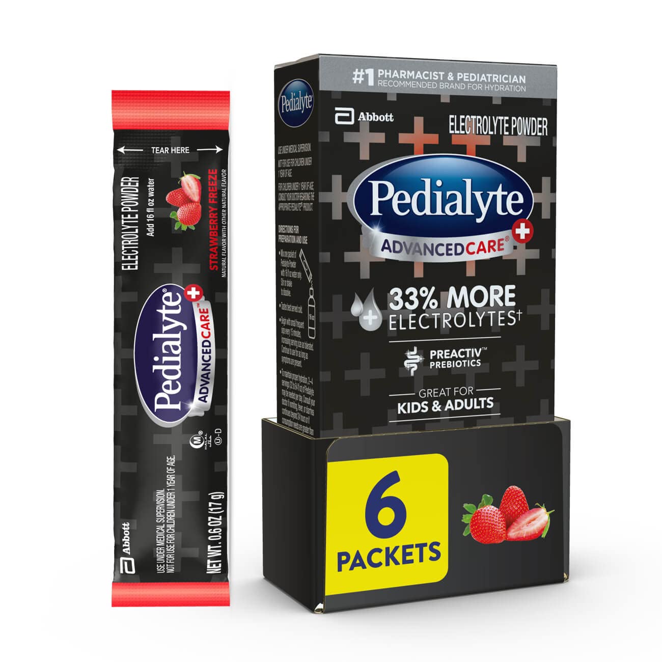 Pedialyte empaque frontal Strawberry Freeze mostrando beneficios de rehidratación
