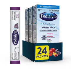 Pedialyte caja variedad frontal mostrando sobres y conveniencia para viajes