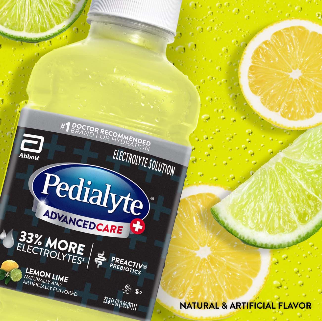 Primer plano de la textura y color de la bebida Pedialyte limón lima, aspecto apetecible