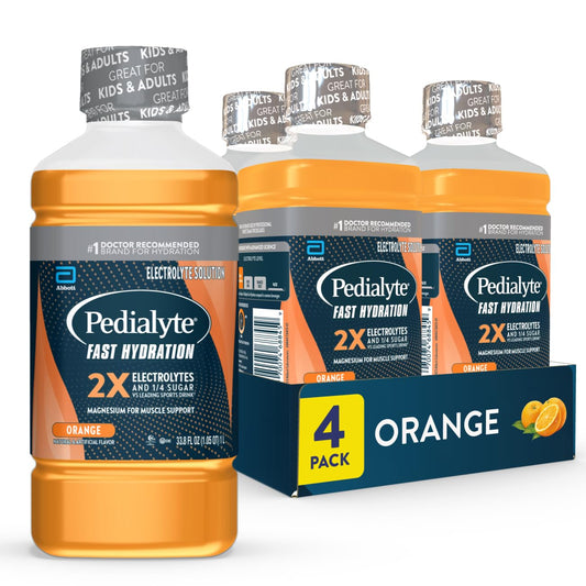 Pedialyte botella naranja al frente mostrando envase y conveniencia