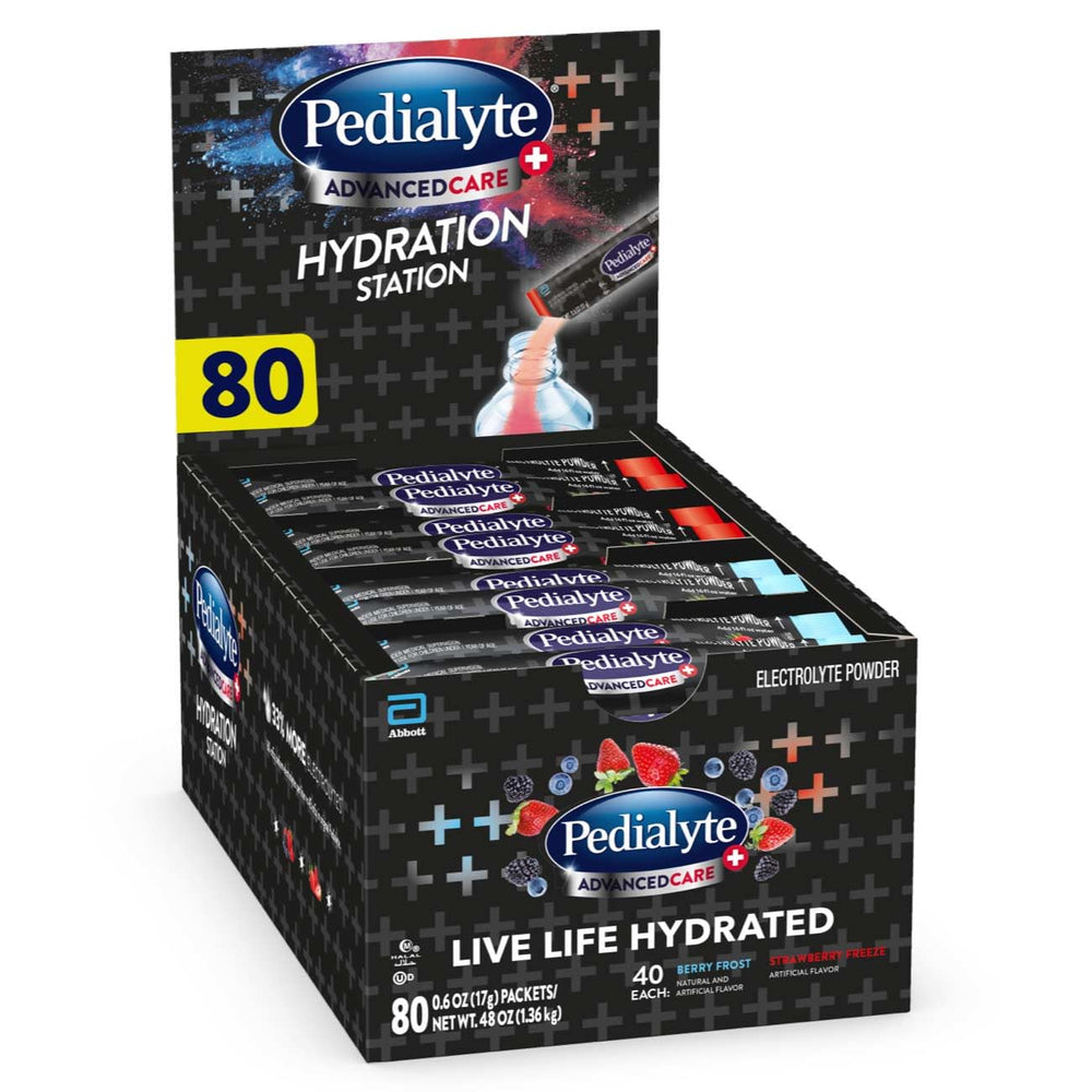 Pedialyte pack variedad frontal mostrando sobres y caja útil para rehidratación rápida