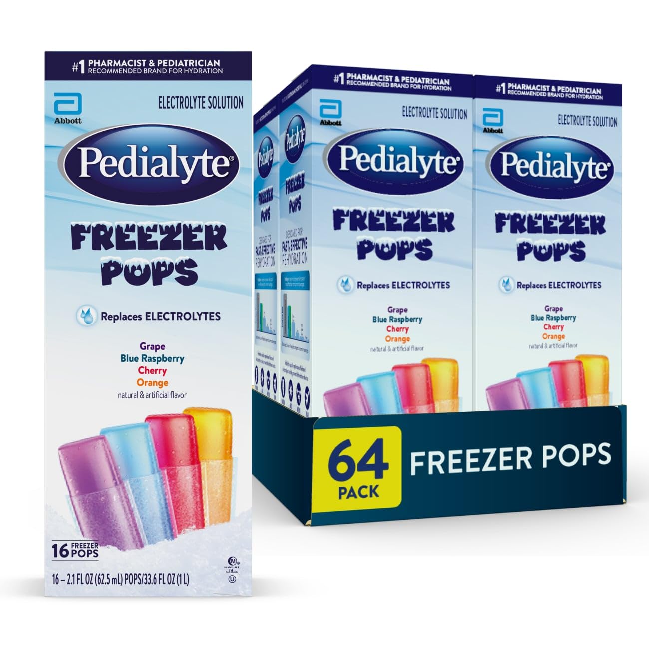 Pedialyte paquete frontal mostrando variedad de sabores y conveniencia