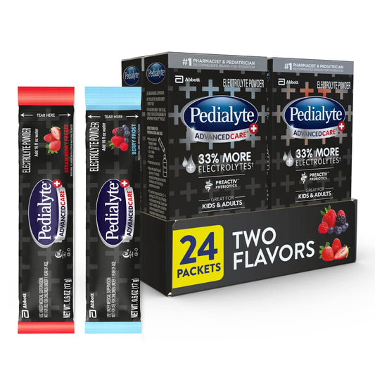 Pedialyte paquete surtido frente mostrando sobres y marca Pedialyte para rehidratación rápida