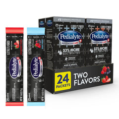 Pedialyte paquete surtido frente mostrando sobres y marca Pedialyte para rehidratación rápida