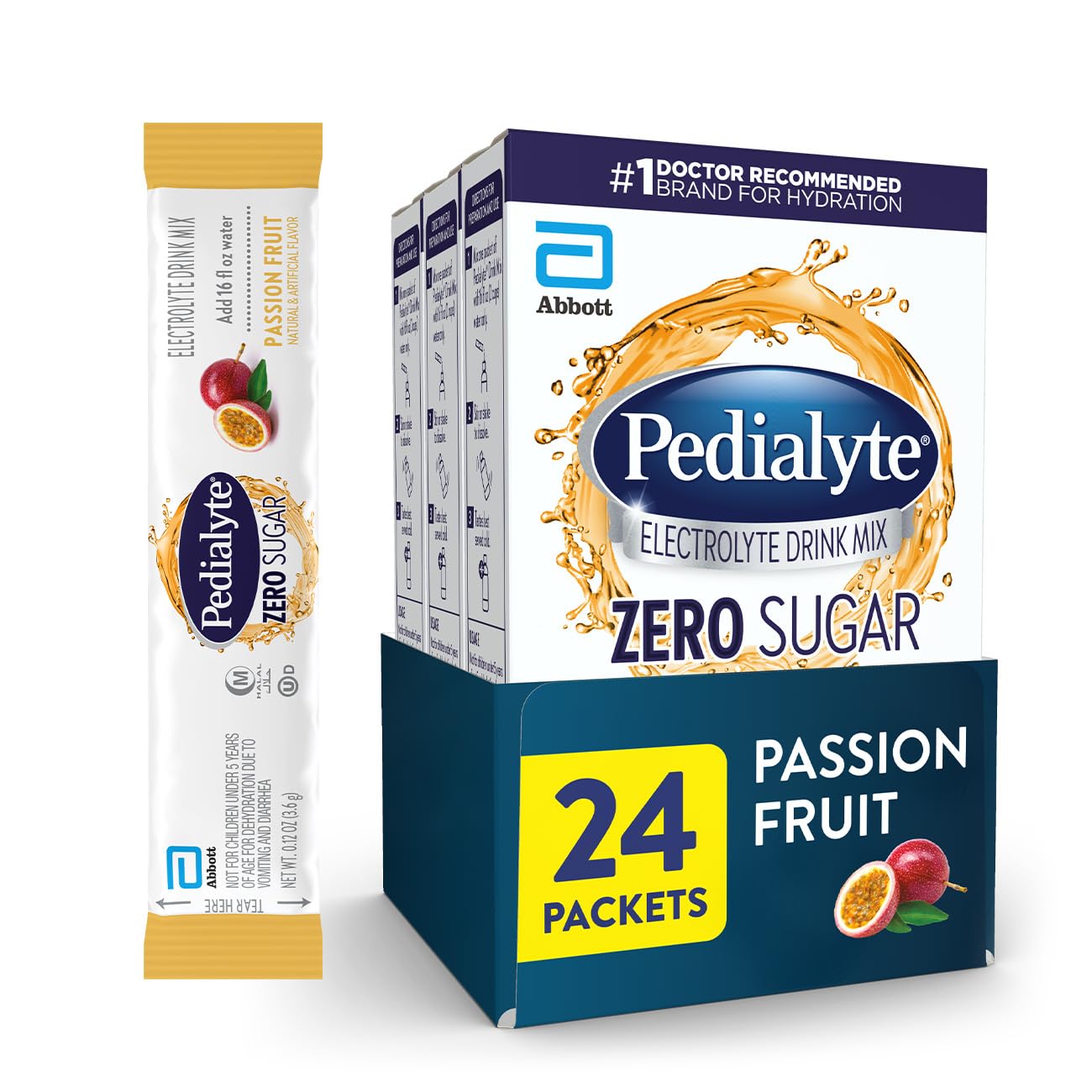 Pedialyte empaque frontal Passion Fruit mostrando la marca y beneficios de hidratación