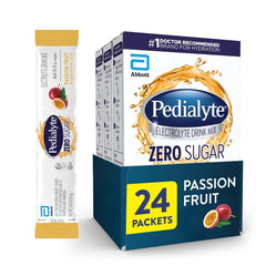 Pedialyte empaque frontal Passion Fruit mostrando la marca y beneficios de hidratación