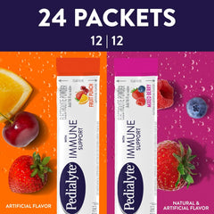 Pedialyte sobre abierto con polvo visible para mezcla rápida y portátil