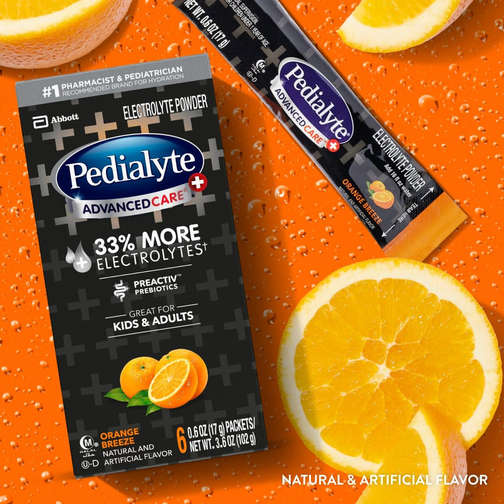 Pedialyte sobre abierto con polvo naranja y textura visible para mezcla rápida