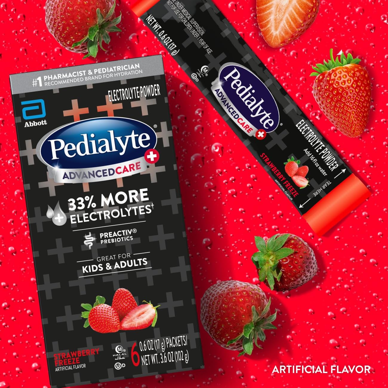 Sobres Pedialyte abierto con polvo visible apoyando mezcla rápida