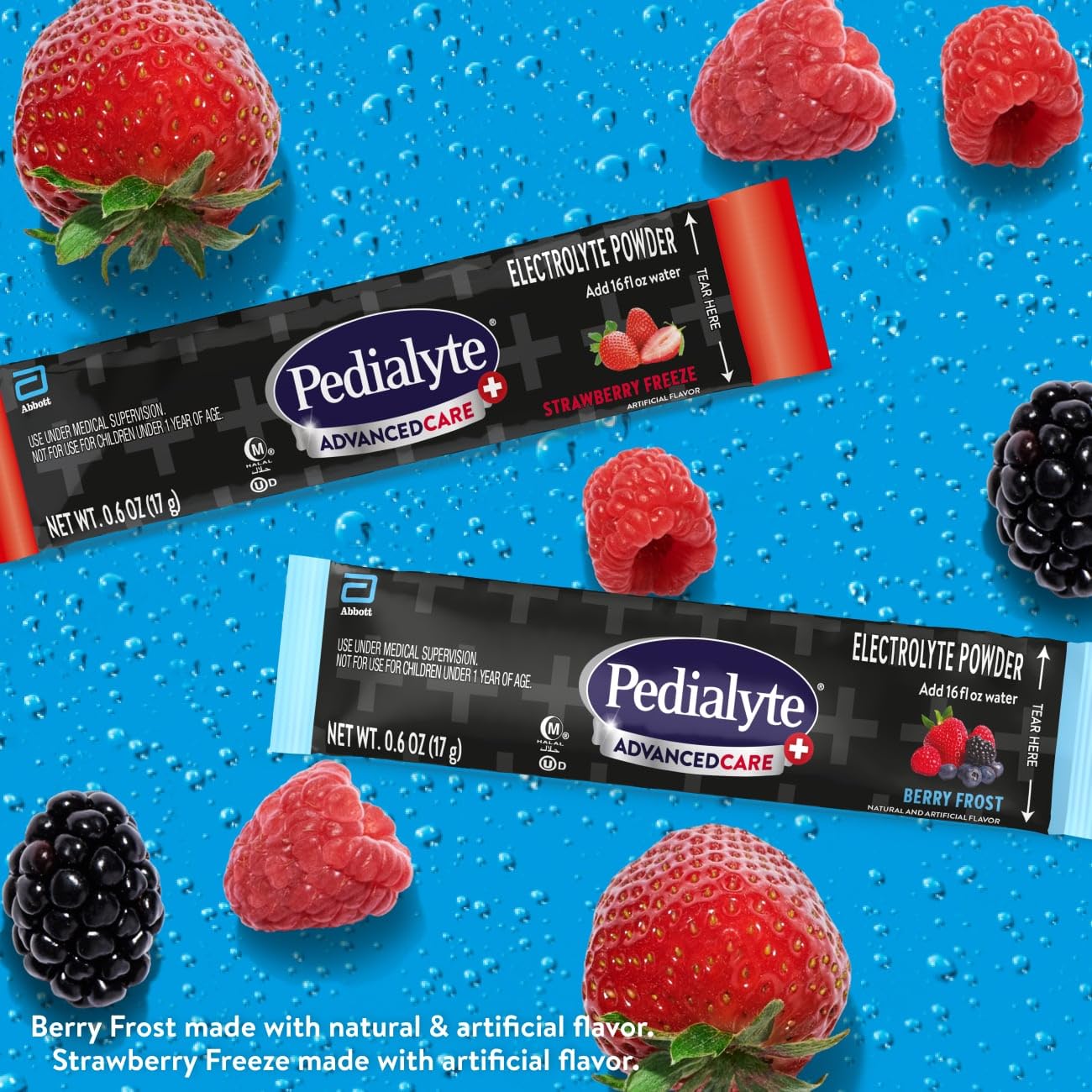 Sobre individual de Pedialyte AdvancedCare Plus abierto, práctico para viajes y control de dosis