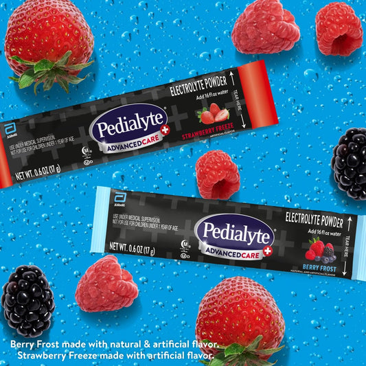 Sobre individual de Pedialyte AdvancedCare Plus abierto, práctico para viajes y control de dosis