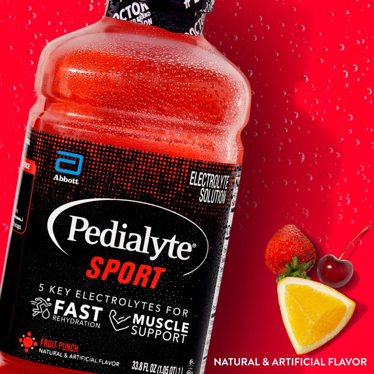 Pedialyte Sport detalle de botella y textura que destaca fácil manejo y vertido