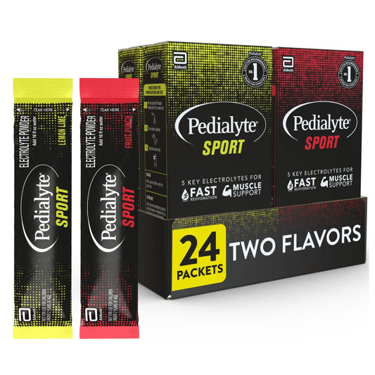 Pedialyte Sport frente del paquete mostrando sabores y cantidad, hidratación rápida
