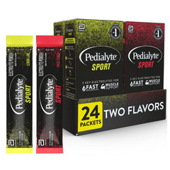 Pedialyte Sport frente del paquete mostrando sabores y cantidad, hidratación rápida