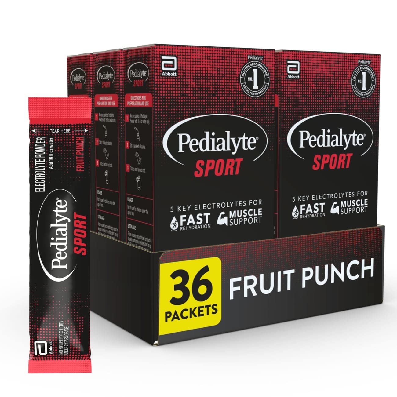 Pedialyte Sport packaging Fruit Punch mostrando sobres portátiles y convenientes