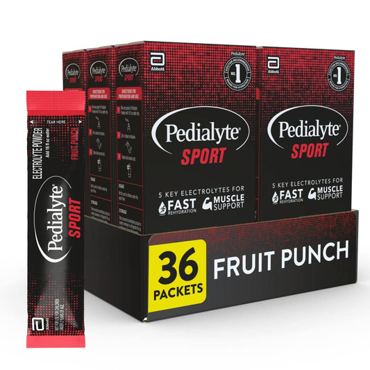 Pedialyte Sport packaging Fruit Punch mostrando sobres portátiles y convenientes