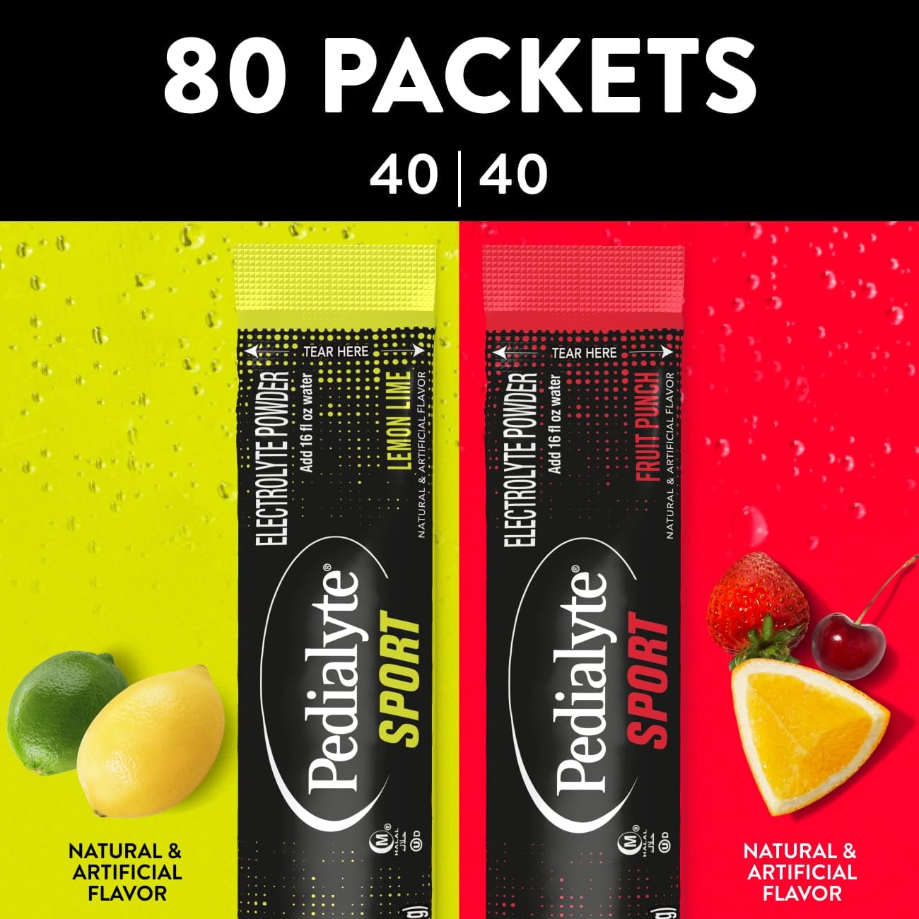 Primer plano del polvo del sobre Pedialyte Sport, mezcla de fácil disolución