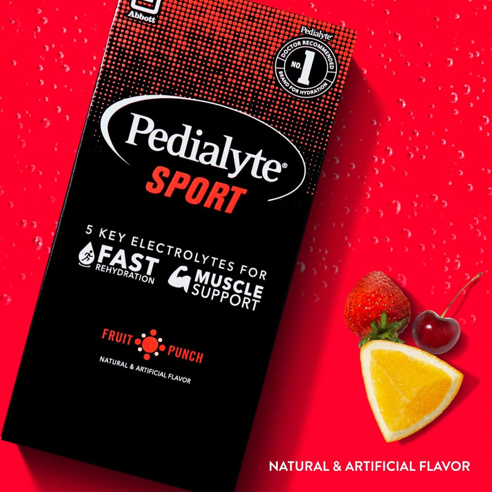 Pedialyte Sport sobre disolviéndose en agua para hidratación rápida tras ejercicio