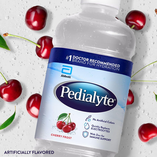 Pedialyte Cherry Frost color y textura del líquido, apariencia apetecible y refrescante