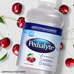 Pedialyte Cherry Frost color y textura del líquido, apariencia apetecible y refrescante