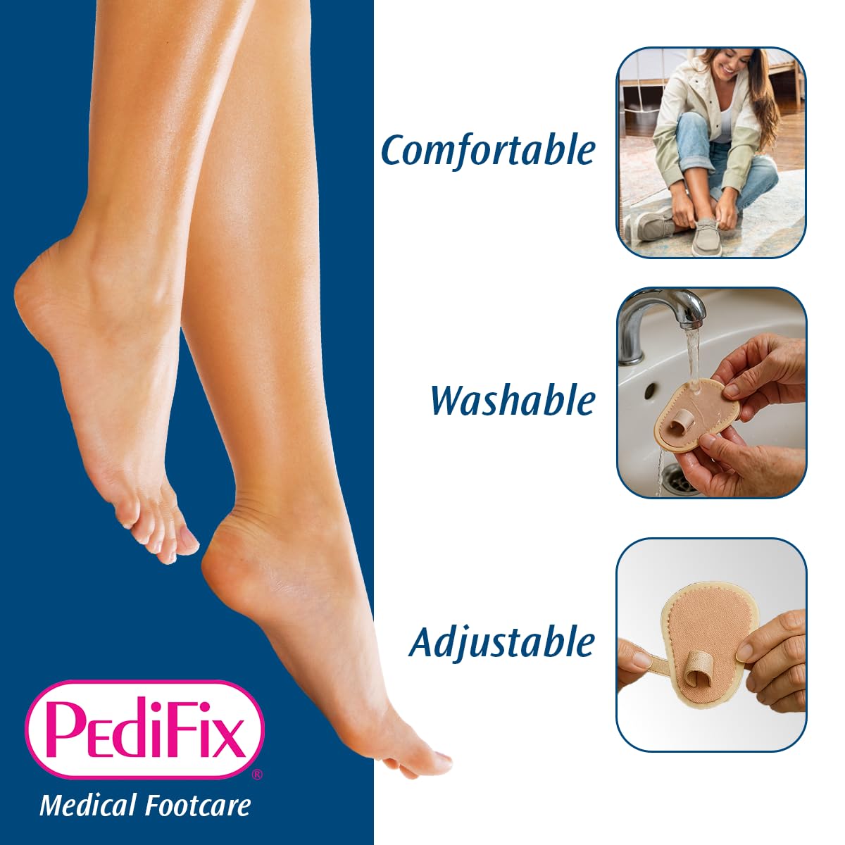 Pedifix Budin colocado en zapato demostrando comodidad al caminar