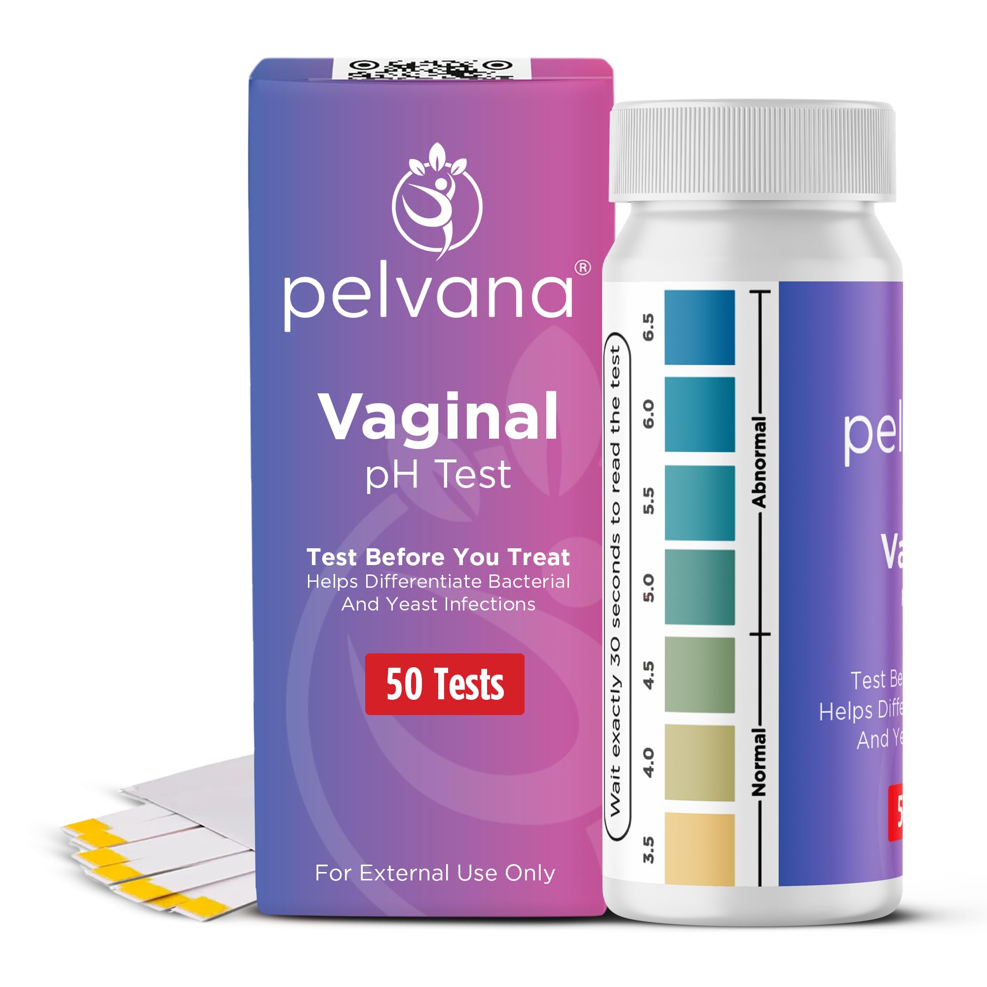 Pelvana empaque frontal con 50 tiras pH mostrando contenido y beneficio de ahorro