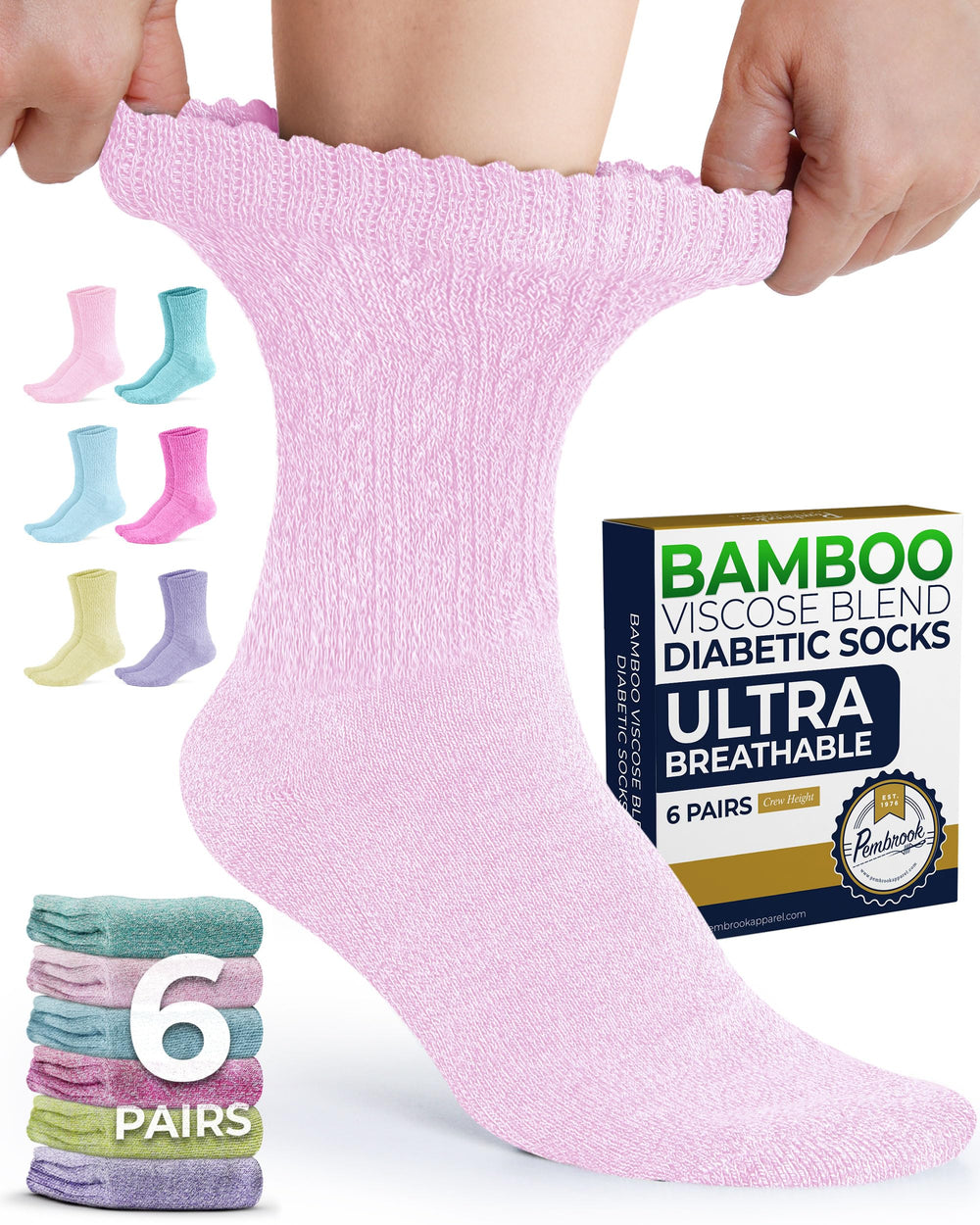 Pembrook empaque frontal mostrando seis pares y ventaja de variedad