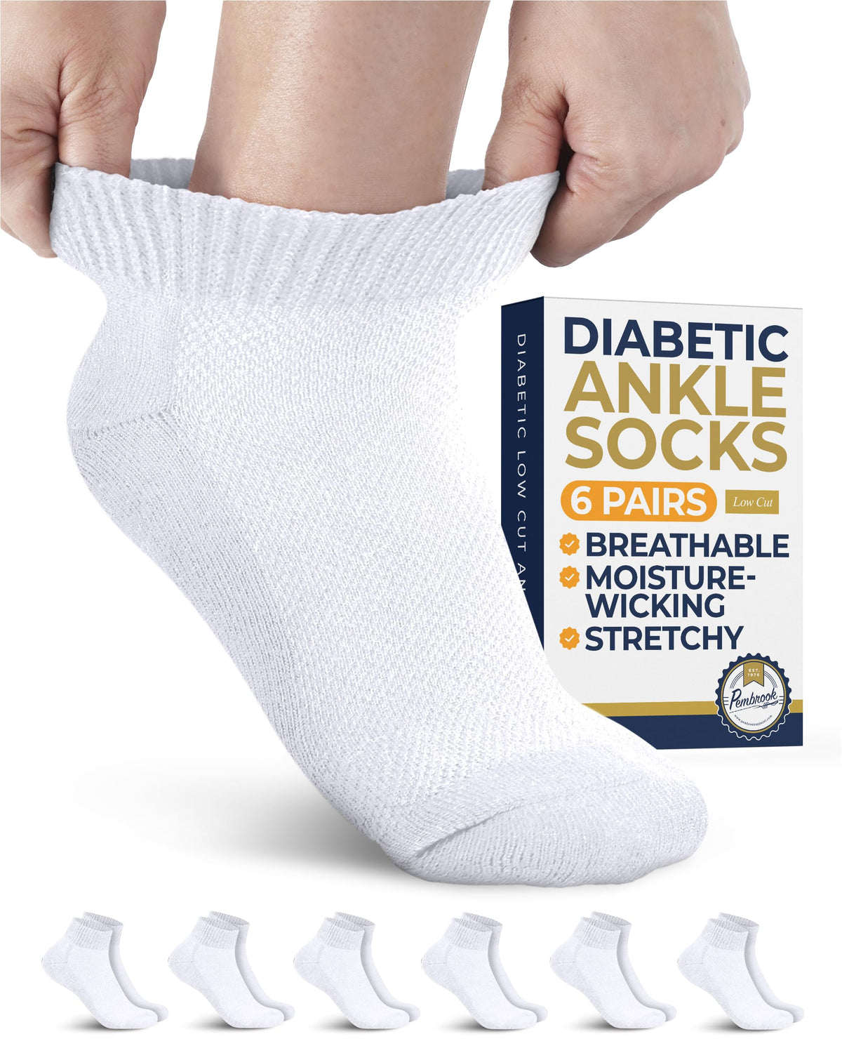 Pembrook empacado frontal mostrando seis pares y beneficio comodidad diaria