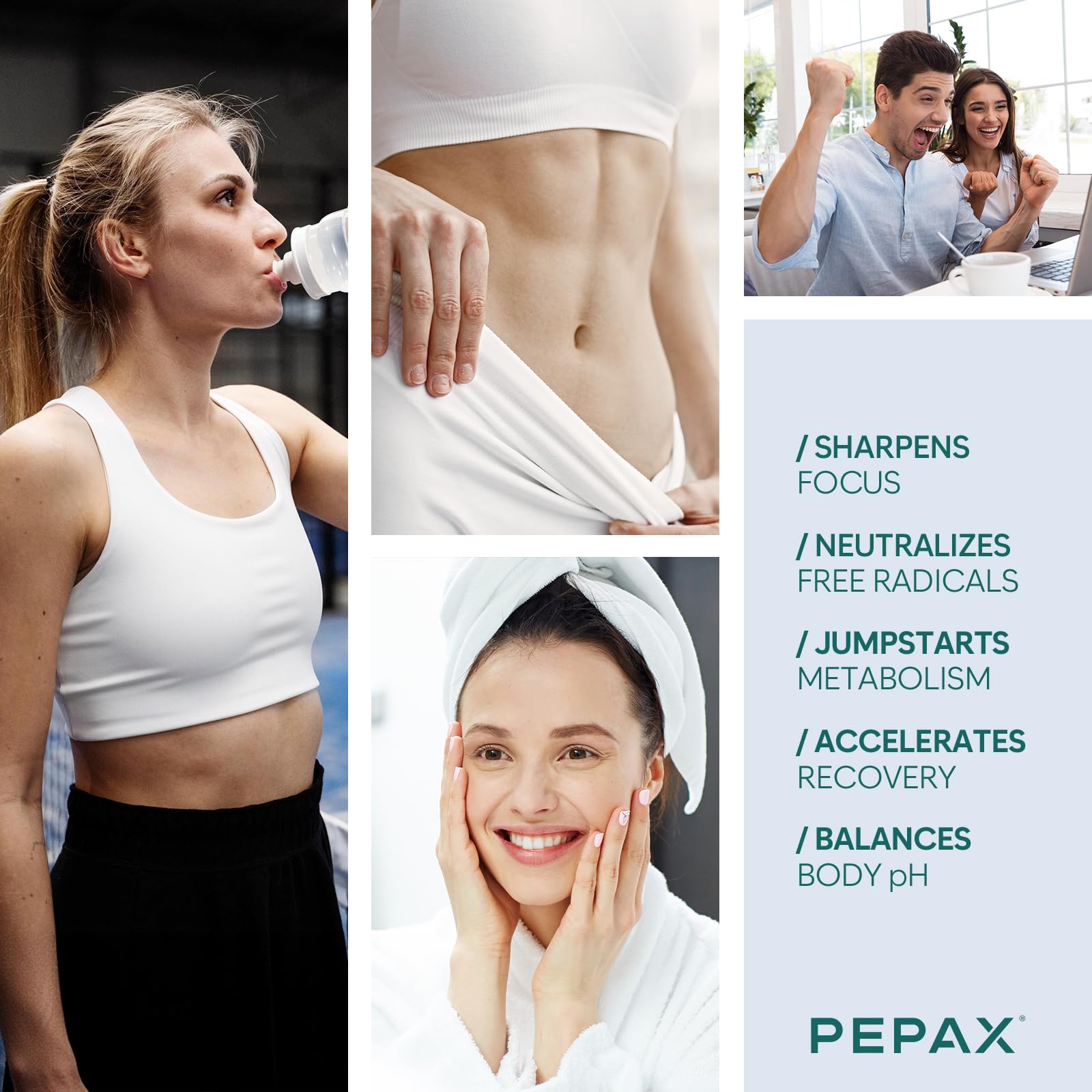 PEPAX usado tras ejercicio sugiriendo recuperación y rehidratación efectiva