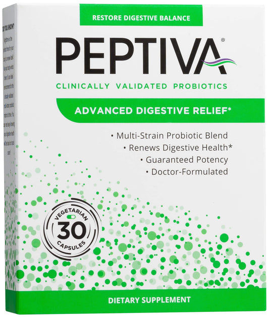 Peptiva Probiótico Avanzado: botella con cápsulas para apoyar la salud digestiva diaria.