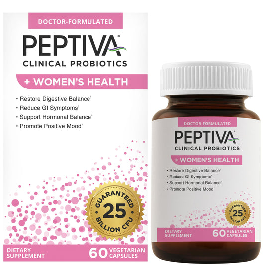 Peptiva Probióticos para mujeres, botella vertida, apoyo digestivo suave para uso diario.