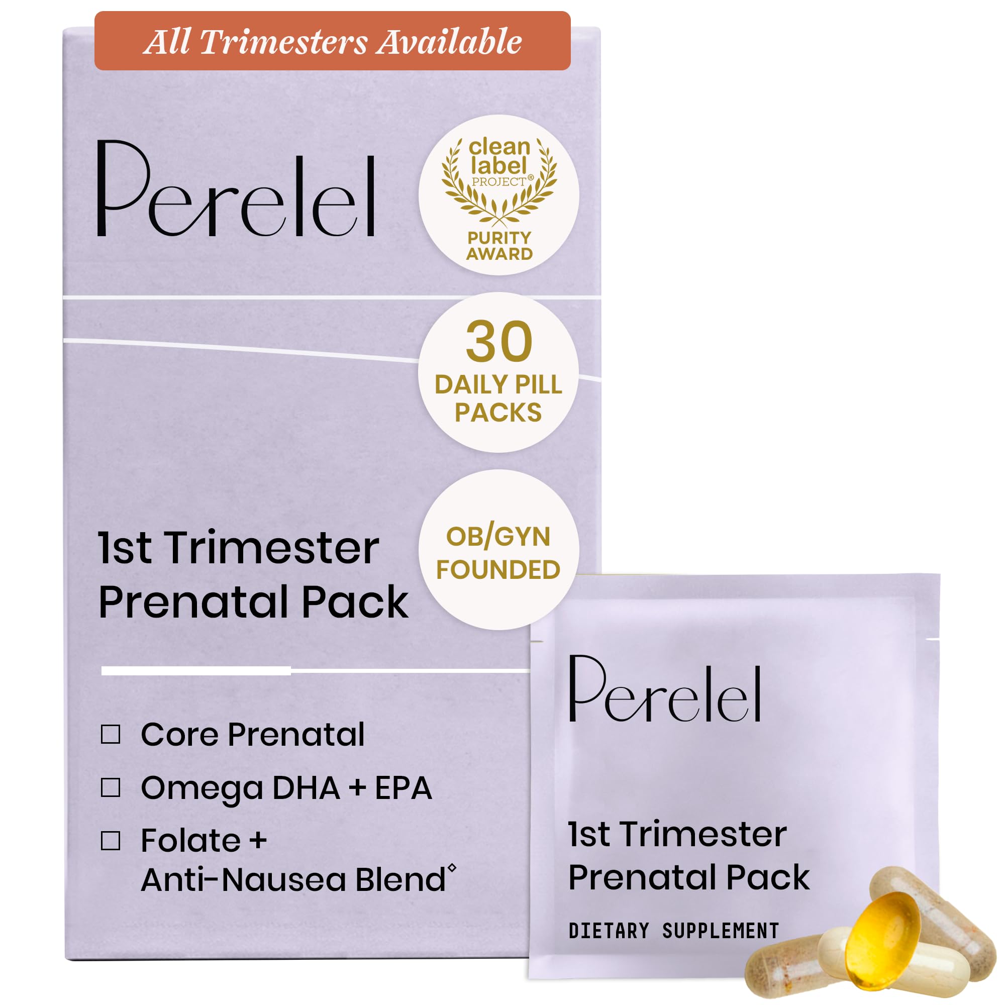 Perelel pack prenatal frente mostrando cajas fáciles de llevar y dosis diaria