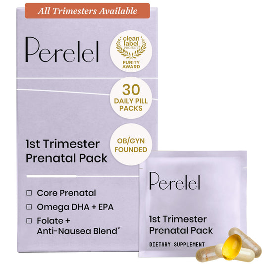 Perelel pack prenatal frente mostrando cajas fáciles de llevar y dosis diaria