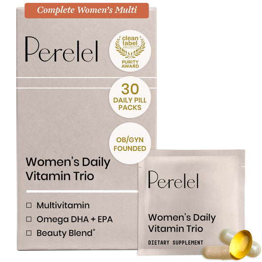 Perelel packaging delante mostrando los tres suplementos y facilidad de uso
