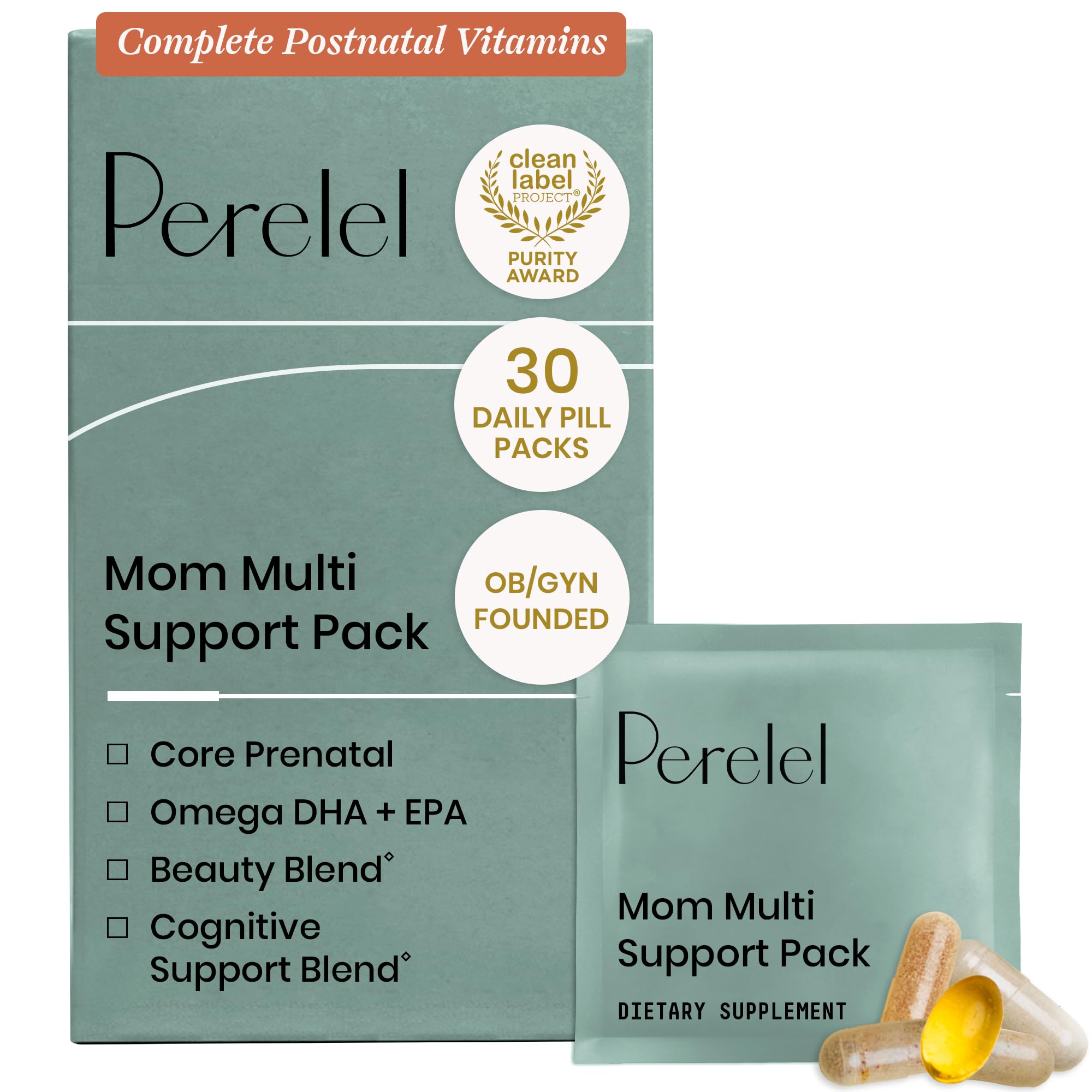 Perelel embalaje frontal mostrando el pack postnatal y conveniencia diaria