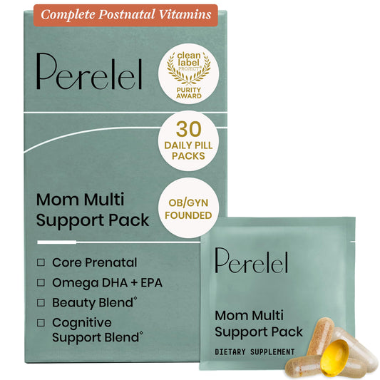 Perelel embalaje frontal mostrando el pack postnatal y conveniencia diaria