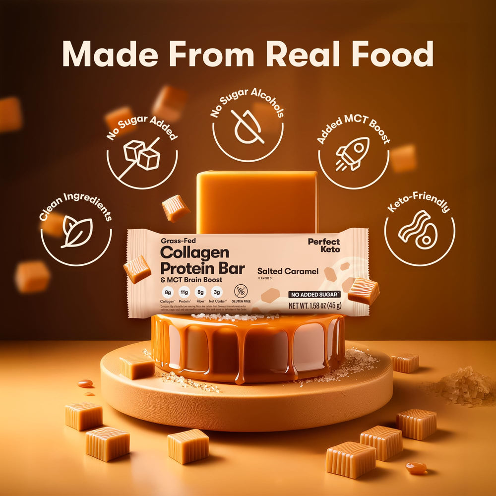 Ingredientes clave de Perfect Keto Bar: almendras, manteca de cacao y colágeno, beneficiando saciedad